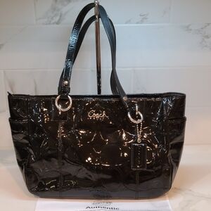 Coach East West Gallery Black Glossy Embossed Patent Leather Tote Handbag Purse